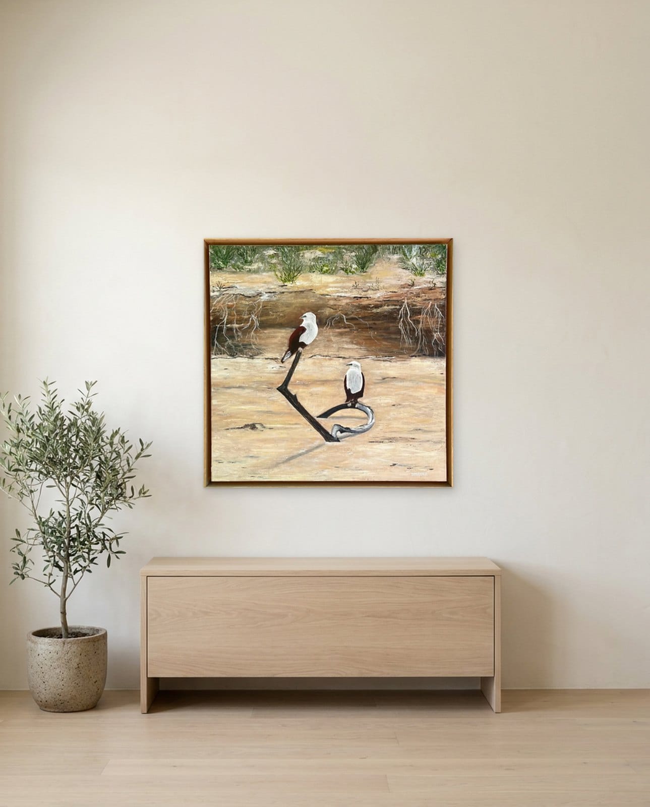 BRAHMINY’S AT BOAMBEE — Oil on canvas, 81cm x 81cm. Painting by Dubravka Sabljak. View 1 of 2.