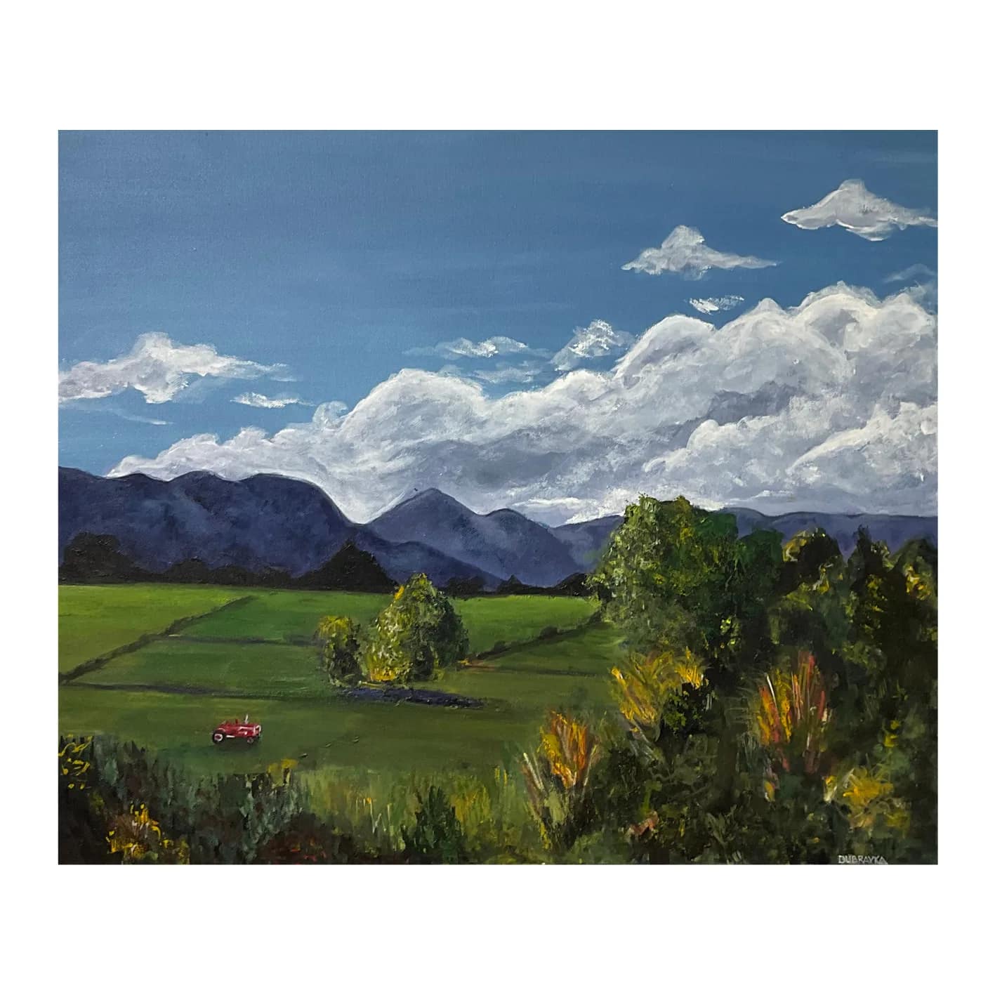 LIL' RED TRACTOR — Oil on canvas, 64cm x 54cm. Painting by Dubravka Sabljak.